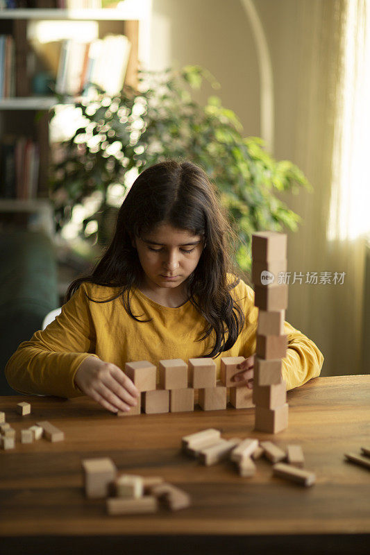 女孩建筑/看着高木制玩具块水平